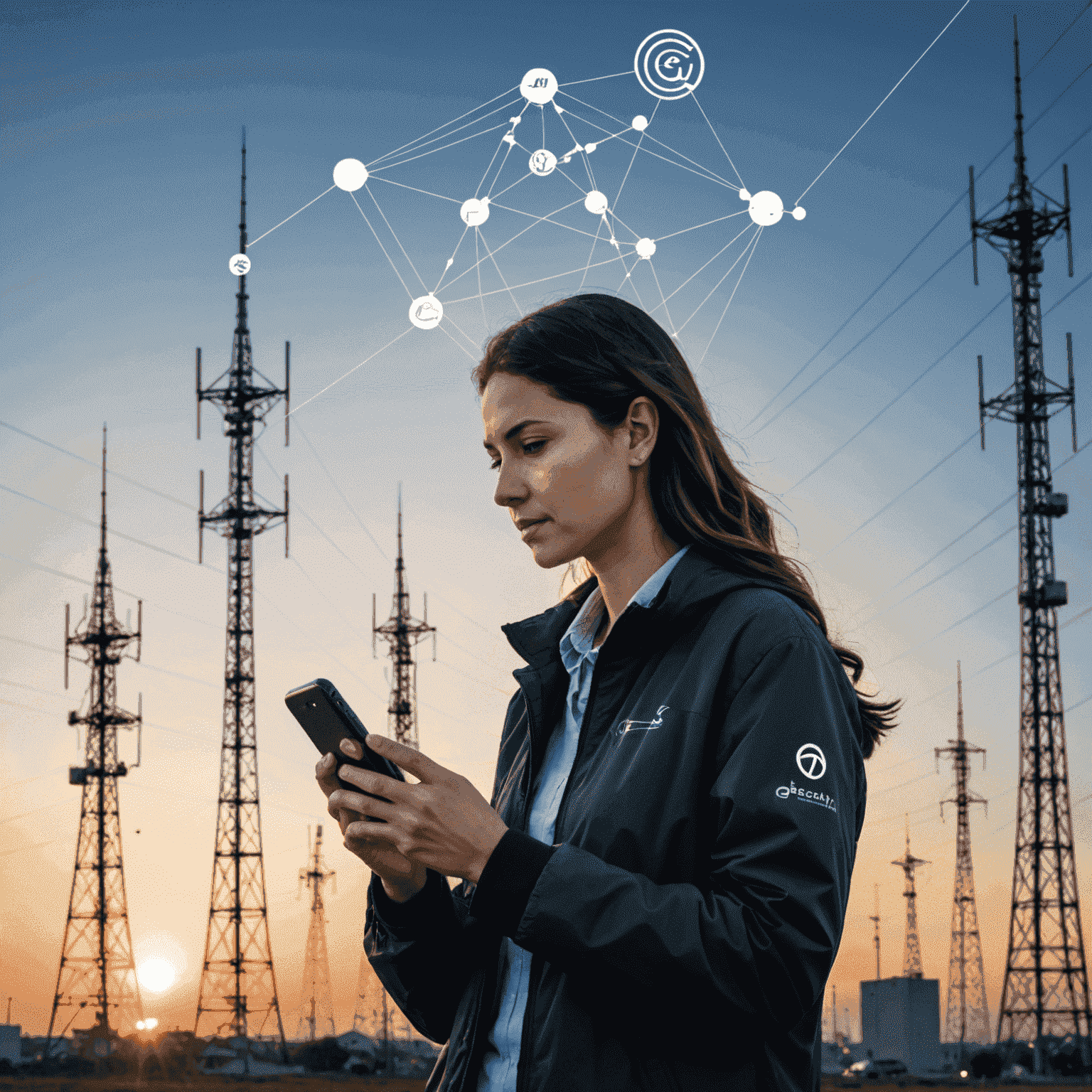 صورة توضيحية لشخص يستخدم هاتفًا ذكيًا مع شعار rechaquli_com في الخلفية، مع رسومات لأبراج الاتصالات وخطوط الشبكة المتصلة